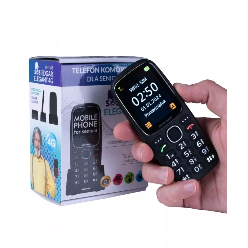 Mobilný telefón Mescomp MT-166 Edgar, elegantný, pre seniorov, 4G, čierny