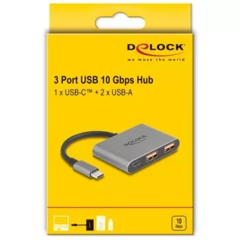 USB hub DELOCK 64337 — USB 3.2 Gen 2 Type-C host, 3 porty (Type-C + 2× Type-A), 10 Gbit/s, sivý, kovové puzdro