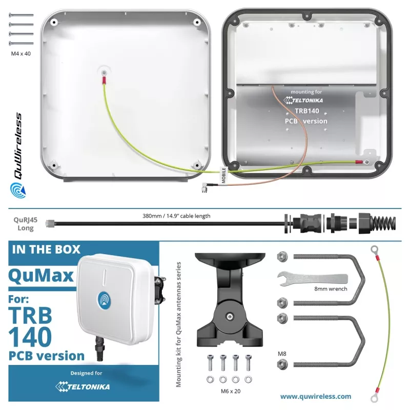 QuWireless QuMax A140M-A smerová anténa LTE pre Teltonika TRB140, PoE/LAN, 6 dBi, IP67, biela