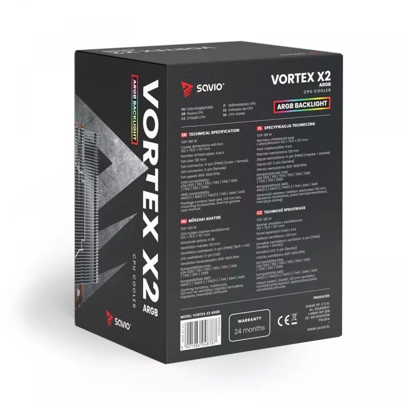 CPU vzduchový chladič SAVIO SAVGCOVORTEXX2ARGB s 4 heatpipes, 120-mm-ARGB ventilátor, čierny