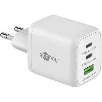 USB-C rýchlonabíjačka Nano, PD, GaN, 65 Watt (biela, 1x USB-A, 2x USB-C PD, Charge 3.0)
