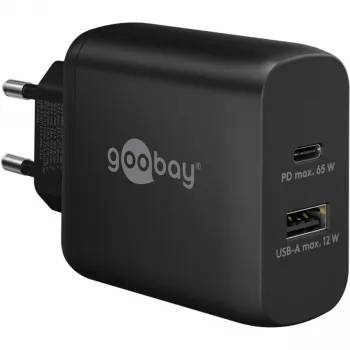 USB-C duálna rýchlonabíjačka, PD, GaN, 65 wattov (čierna, 1x USB-C, 1x USB-A, Power Delivery)