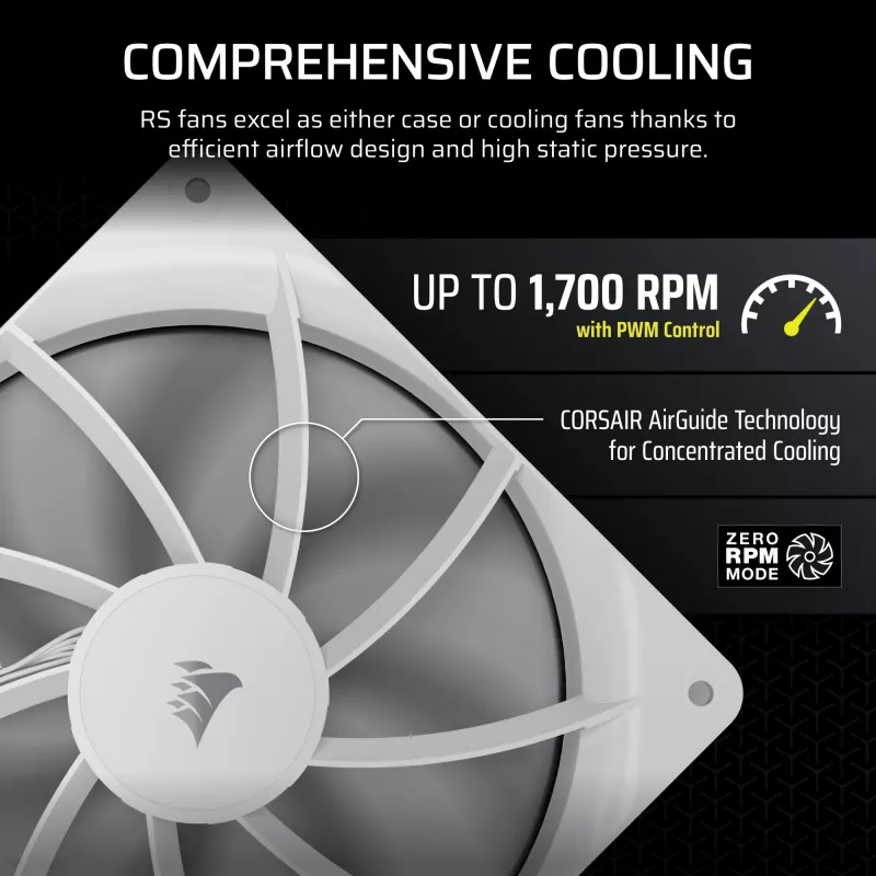 Corsair RS140 PWM ventilátor do skrinky, 140 mm, 36 dB, jednotlivé balenie, biely