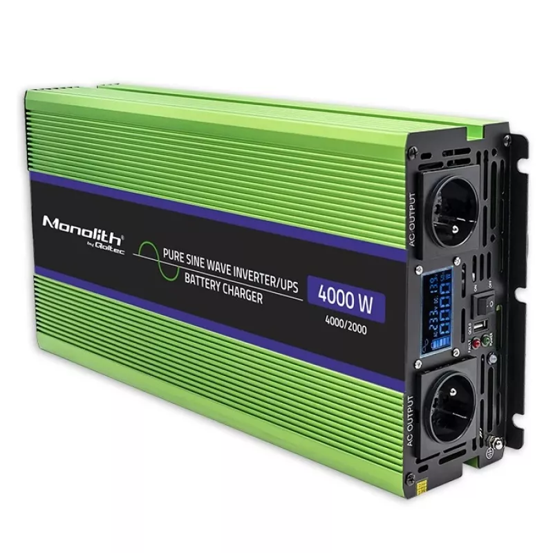 Qoltec Monolith menič napätia | nabíjanie batérie | UPS | 2000W | 4000W | 12V na 230V | čistá sínusovka | LCD čierno-zelený