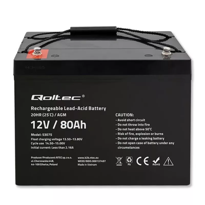 Qoltec Akumulátor AGM | 12V | 80Ah | 23,5kg | Bezúdržbový | Výkonný | LongLife | pre UPS, karavan, loď, pec