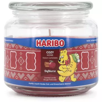 Vosková sviečka Haribo A2203 — okrúhla, vôňa jablko-škorica, červená, výška 100 mm, priemer 100 mm, 300 g, sklenená nádoba