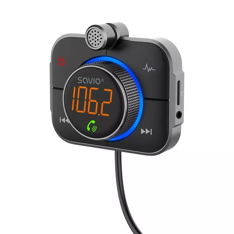 FM vysielač SAVIO TR-14 Bluetooth USB, FM 87,6–107,9 MHz, MicroSD, USB-C, 12 V napájanie z auta