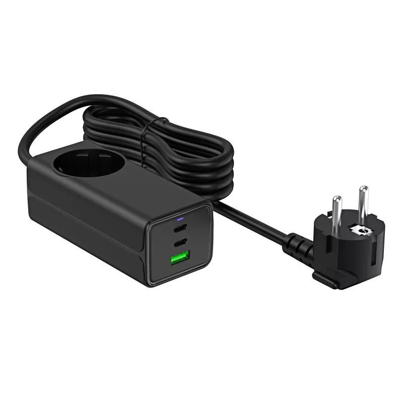 Akyga AK-CH-21 GaN USB nabíjačka 65 W, 2 x USB-C + USB-A, so zásuvkou, 1,5 m, čierna