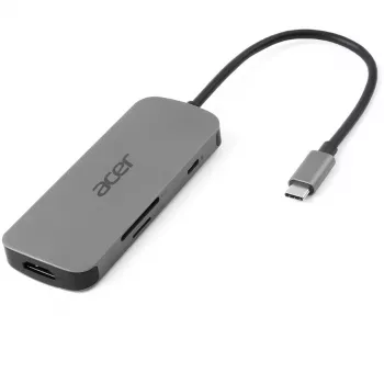 7-in-1 USB-C dongle Acer — USB 3.2 Gen 1 Type-C, 3x USB-A, HDMI, SD/MicroSD, 100W PD, strieborná