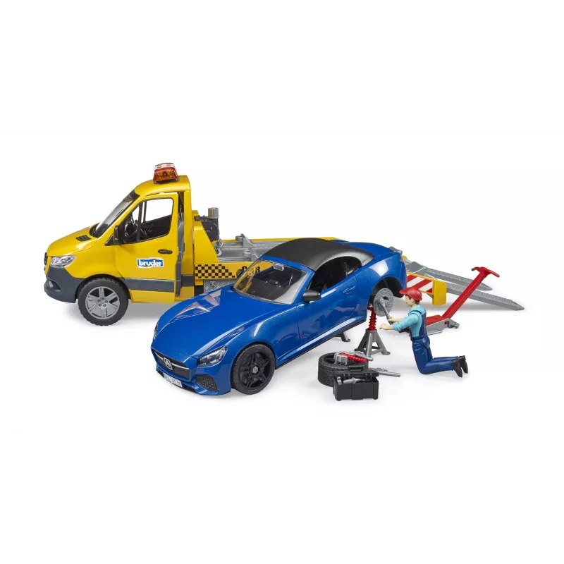 Bruder MB Sprinter autotransportér so svetelným a zvukovým modulom, oranžový/modrý, vrátane roadstera