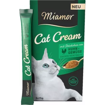 Vlhké maškrty pre mačky Miamor Cat Cream kura so zeleninou, pastové tuby 5×15 g, bez lepku, bez cukru
