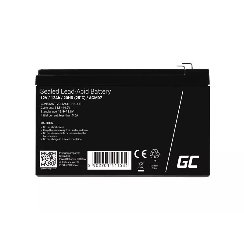 AGM batéria Green Cell 12V 12Ah – uzavretá olovená (VRLA), 151×98×95 mm, 3,3 kg