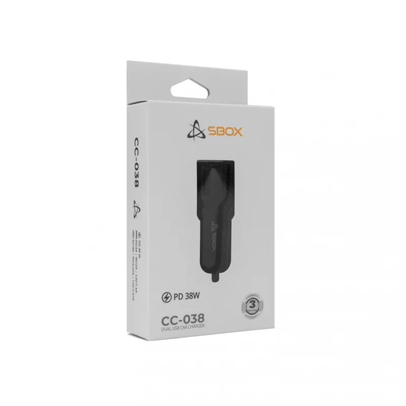 Auto nabíjačka SBOX CC-038 38W čierna — duálny USB napájací zdroj pre vozidlá
