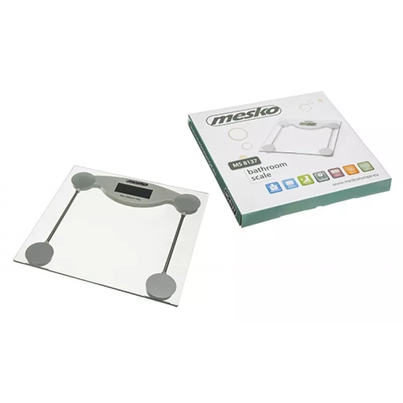 Elektronická osobná váha Mesko MS 8137 — kapacita 150 kg, presnosť 100 g, biela/transparentná