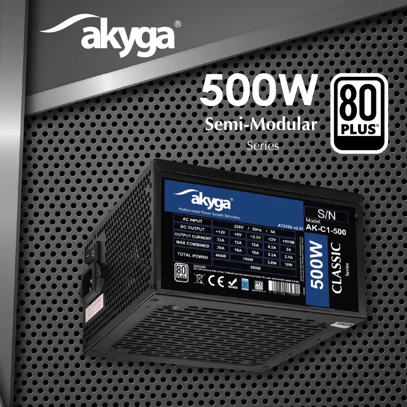 Akyga Classic AK-C1-500 ATX napájací zdroj 500 W, 80 PLUS, aktívne PFC, 120-mm ventilátor