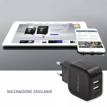 Sieťová nabíjačka QOLTEC 50186 pre smartfón a tablet, 5 V 3.4 A, 17 W, 2× USB, čierna