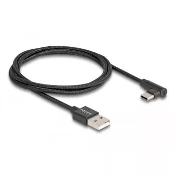USB 2.0 kábel, USB-A konektor samec > USB-C konektor samec (čierny, 1 meter, opláštený, 90° zahnutý)