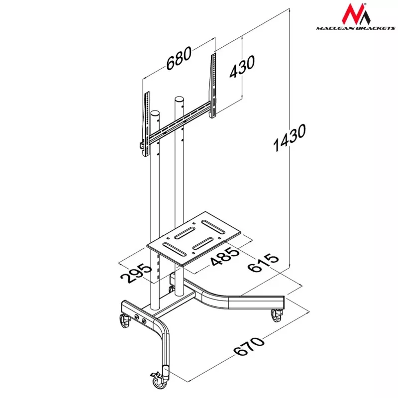 Maclean MC-739 profesionálny TV vozík na kolieskach, 32-65 palcov (165,1 cm), max. 40 kg, VESA do 400x600, čierny