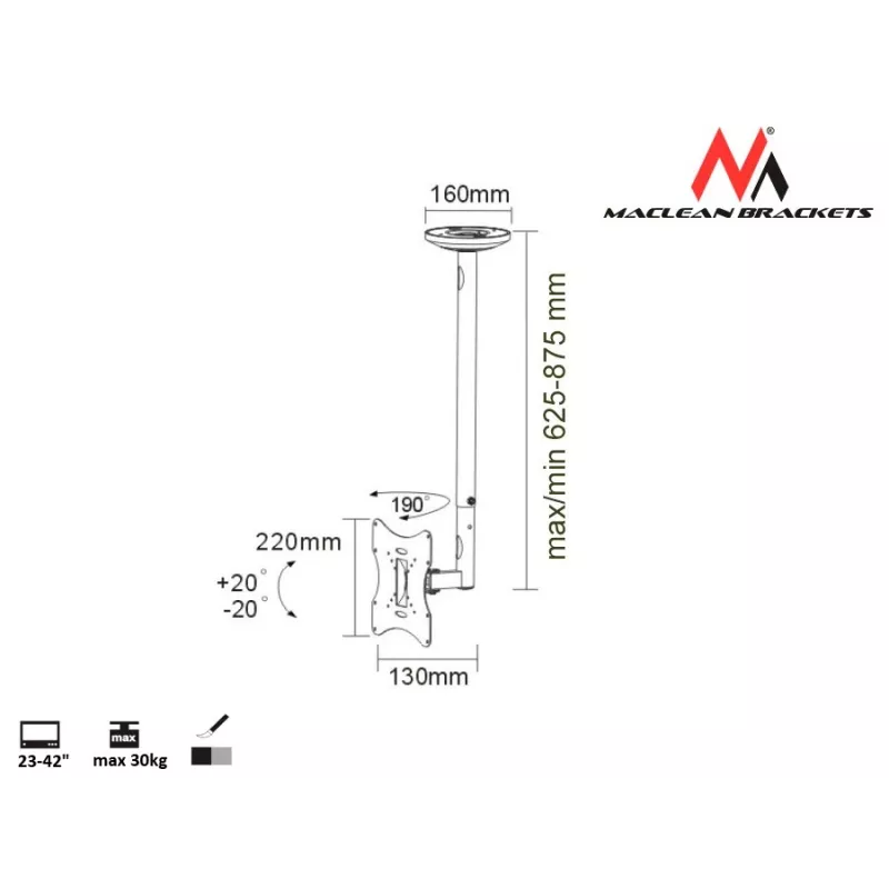 Maclean MC-504A S nastaviteľný stropný držiak 23-42 30kg
