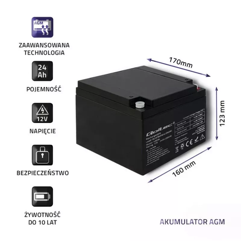 Qoltec 53036 AGM batéria | 12V | 24Ah | max 360A