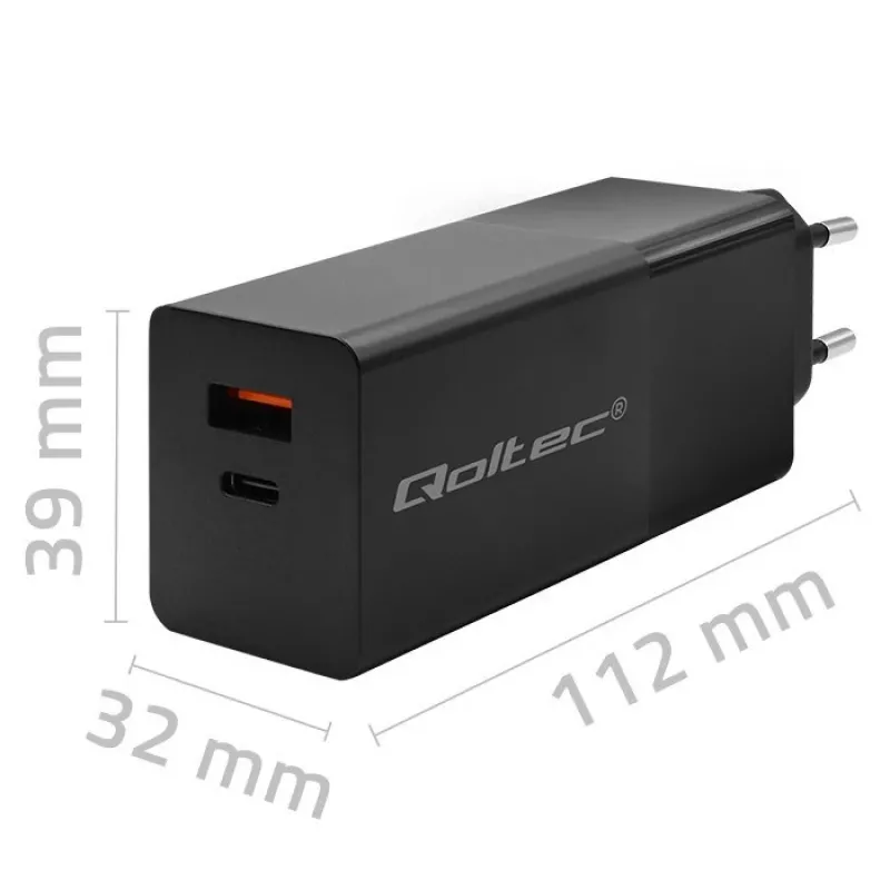 Qoltec 52382 GaN POWER PRO nabíjačka | 1xUSB Type C | 1xUSB A | 100W | 5-20V | 1.5-5A | PD | čierna