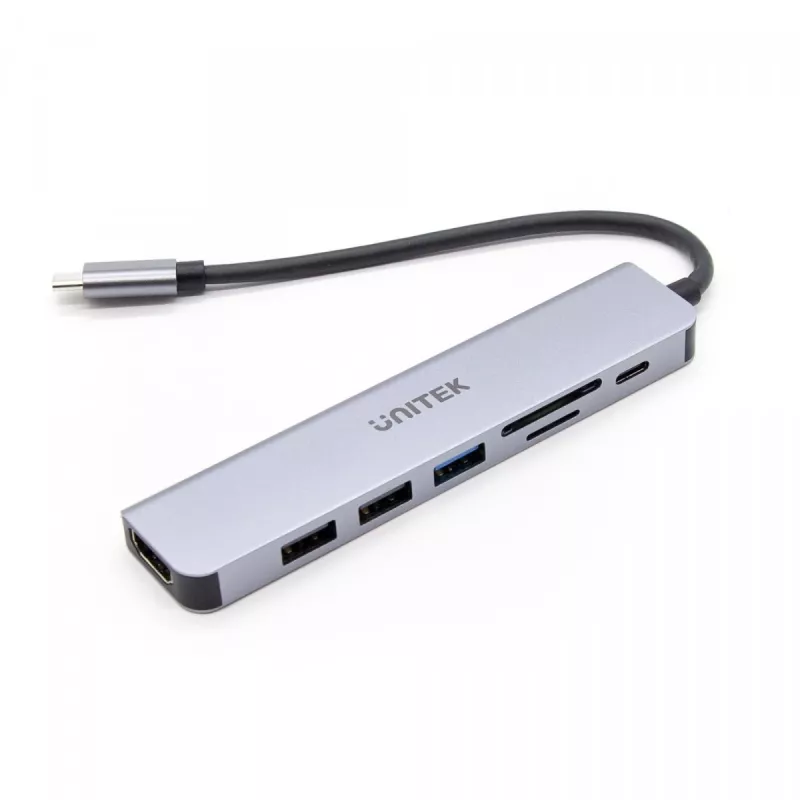 USB-C hub Unitek 7in1 hliník PD 100W 5 Gbps — multiport adaptér s Power Delivery