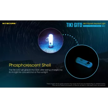 Prívesková baterka Nitecore TIKI GITD BLUE — sivá, USB nabíjateľná, 1 lm, 55 mm, 12 g, IP66, odolná proti nárazu