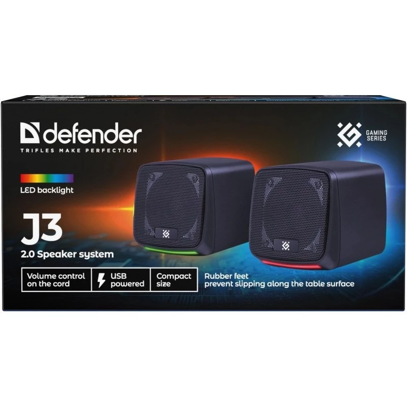 Defender J3 2.0 počítačové reproduktory, 6 W, LED, napájanie cez USB, AUX, 90–20000 Hz, čierne