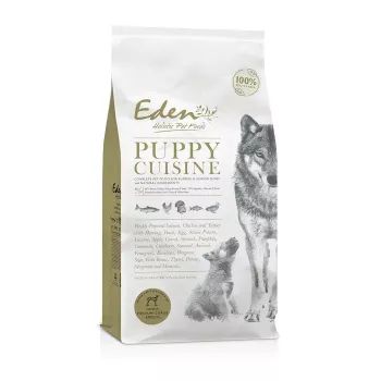 Suché krmivo pre psov Eden Puppy Cuisine 80/20 stredné granule 2 kg — krmivo pre šteniatka, losos, 40 % proteínu, 17,5 % tuku
