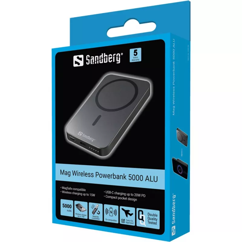 Prenosná powerbanka Sandberg Mag Wireless Powerbank 5000 ALU, 5000 mAh