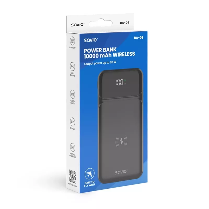 Bezdrôtová powerbanka Savio BA-09, 10000 mAh, čierna
