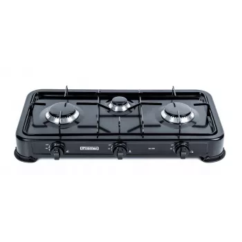 Plynový sporák PROMIS KG300C, 3 horáky, manuálne otočné ovládače, čierna varná plocha, 580×310×110 mm