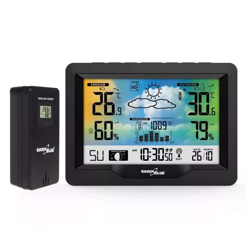 Hygrometer teplomer GreenBlue GB540 — interiérový 0–50°C / exteriérový -20–65°C, DCF hodiny, vonkajší senzor 60 m, čierny