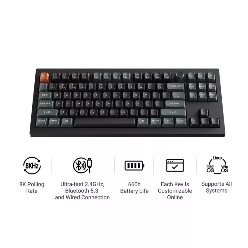 Mechanická klávesnica Keychron V3 Ultra 8K – kábel & Bluetooth, QWERTY, RGB, čierna