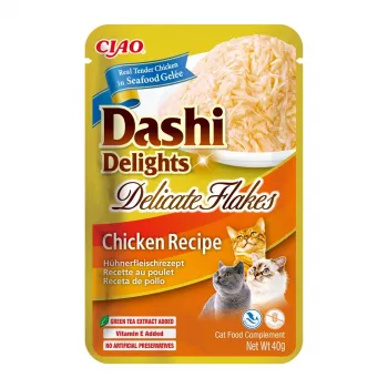 Vlhké krmivo – maškrty INABA Dashi Delights Delicate Flakes kura 40 g – diétne, 86 % vlhkosť, 12 % bielkoviny
