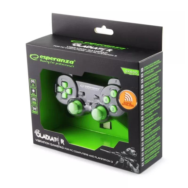 Esperanza Gladiator EGG108G bezdrôtový gamepad, 2,4 GHz, PC/PS3, čierno-zelený