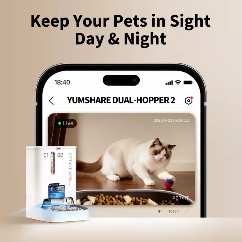 Automatický dávkovač krmiva PETKIT YumShare Dual-hopper 2 s kamerou, kapacita 5 L, ABS a nehrdzavejúca oceľ 304, biela
