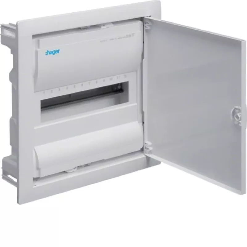Hager Volta VU12NE zapustená rozvodnica, 1 rad, 12 modulov, IP30, kovové dvierka, 348×356×98 mm, biela