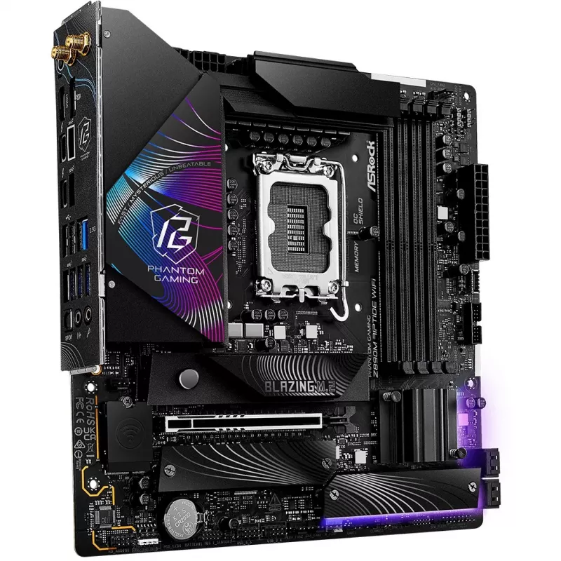 ASRock Phantom Gaming Z890M Riptide WiFi základná doska, Intel Z890, LGA1851, micro ATX, DDR5, do 256 GB, Wi-Fi 6E, Bluetooth, 5GbE LAN, USB4