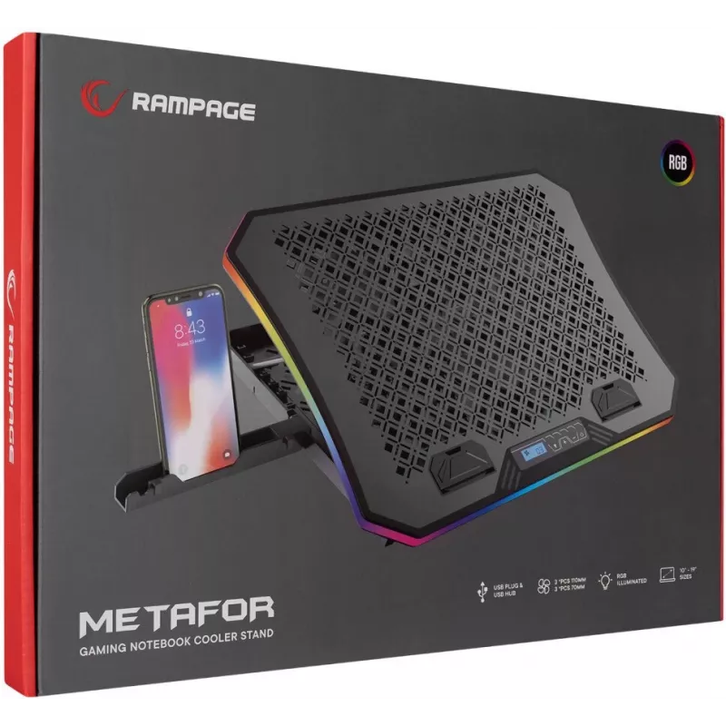 Rampage METAFOR AD-RC34 chladiaca podložka pod notebook, 6 ventilátorov, 10–19 palcov, čierna