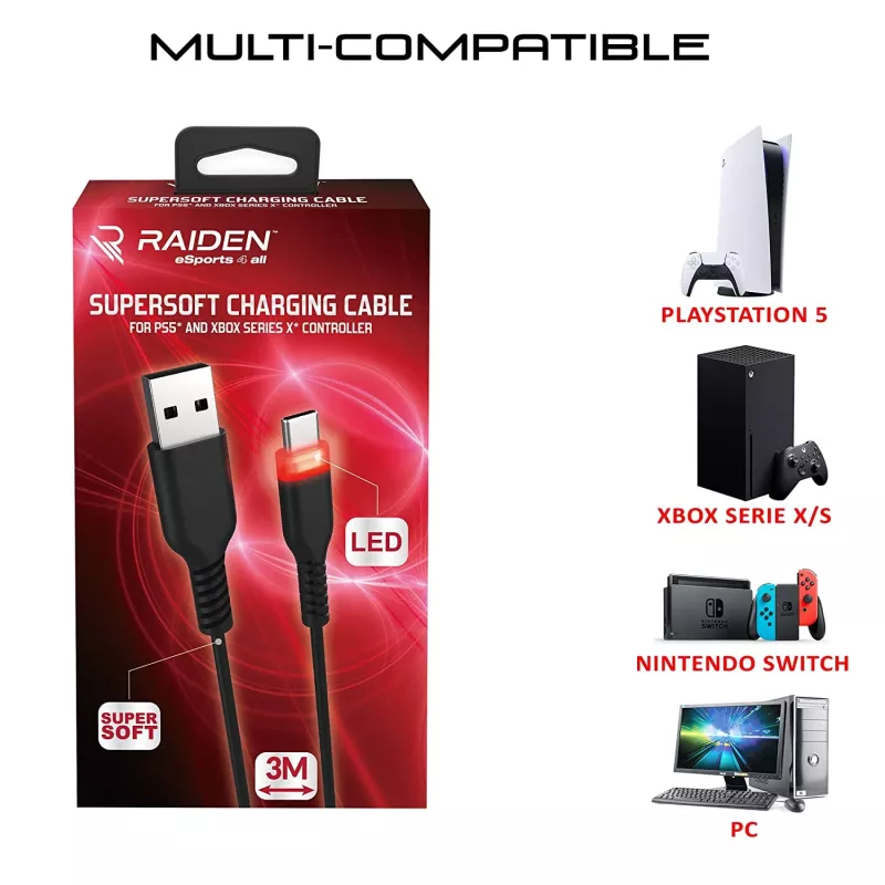 USB-C nabíjací kábel SUBSONIC SA5601 3 m – kompatibilný s PS5, Xbox, Nintendo Switch