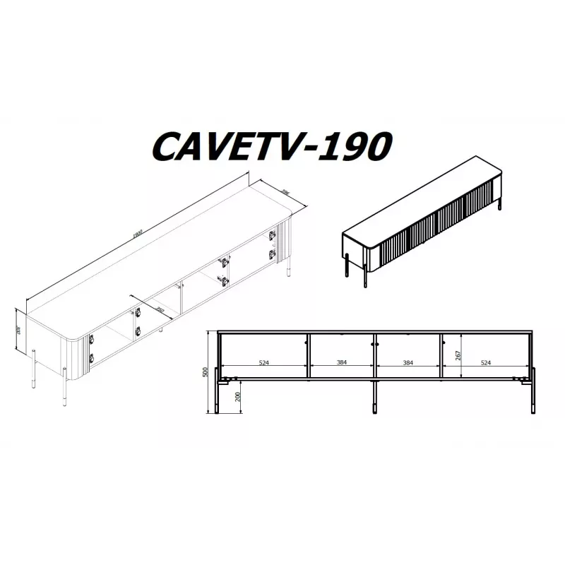 TV skrinka cama meble VERA 190x40x50 cm – matný čierny vrch a rám