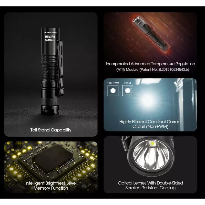 Ručná baterka Nitecore MT1A Pro — LED 50 lm, USB nabíjateľná, 1100 mAh, hliník, vodotesná, nárazuvzdorná, čierna