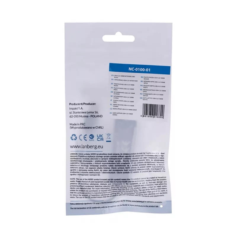 Sieťový adaptér Lanberg NC-0100-01 USB 2.0 na RJ45 100 Mbit, kábel 0,15 m