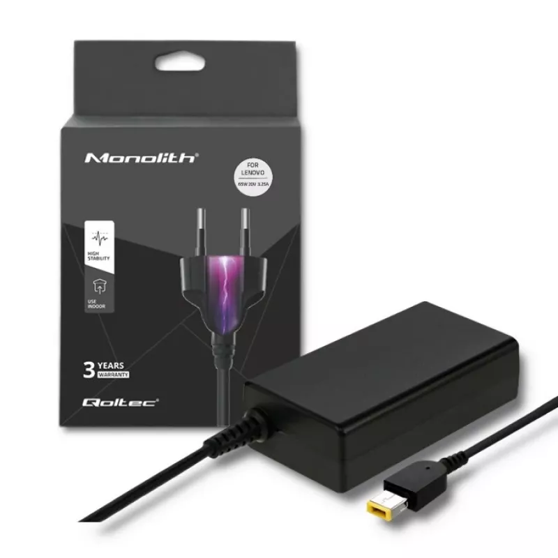 Napájací zdroj QOLTEC 51556 pre interiér 65 W pre Lenovo notebooky, 20 V 3,25 A, čierny