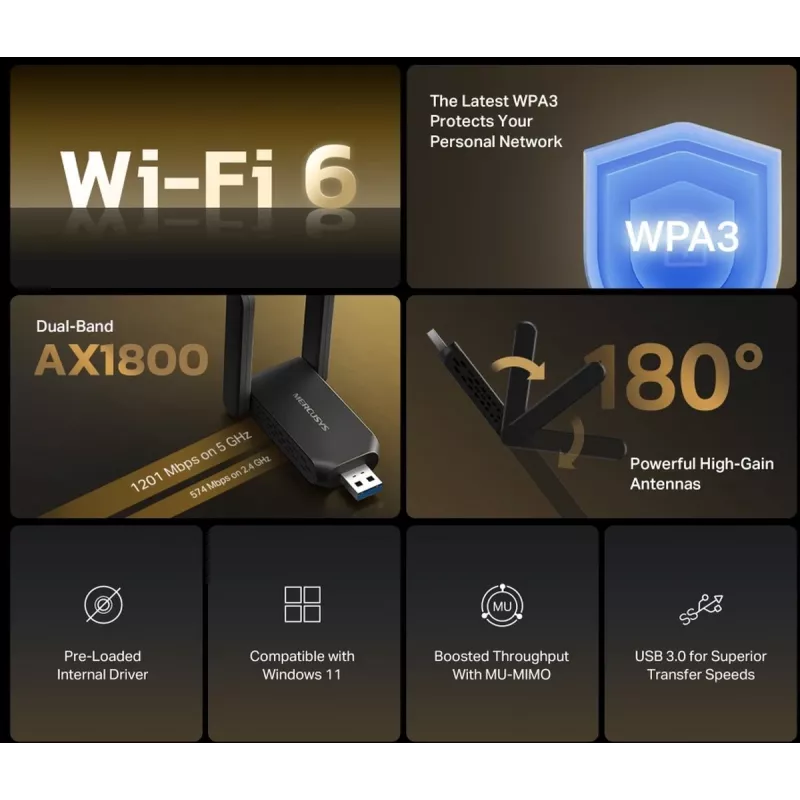 Wi‑Fi USB adaptér MERCUSYS MA72XH AX1800 s High‑Gain anténami, USB‑A Plug‑and‑Play
