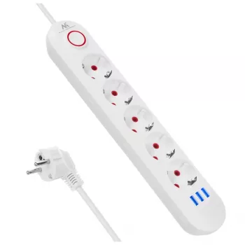 Predlžovacia zásuvka MACLEAN MCE395 W — 5 zásuviek, 3× USB A, 110–240 V AC, 2,1 A USB, max. 2500 W, biela, 1,5 m kábel