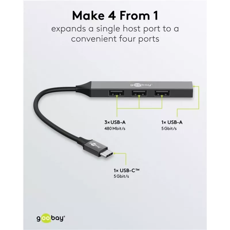 Goobay Slim 4-portový USB hub, USB-C™ na USB-A, USB 3.2 (74457)