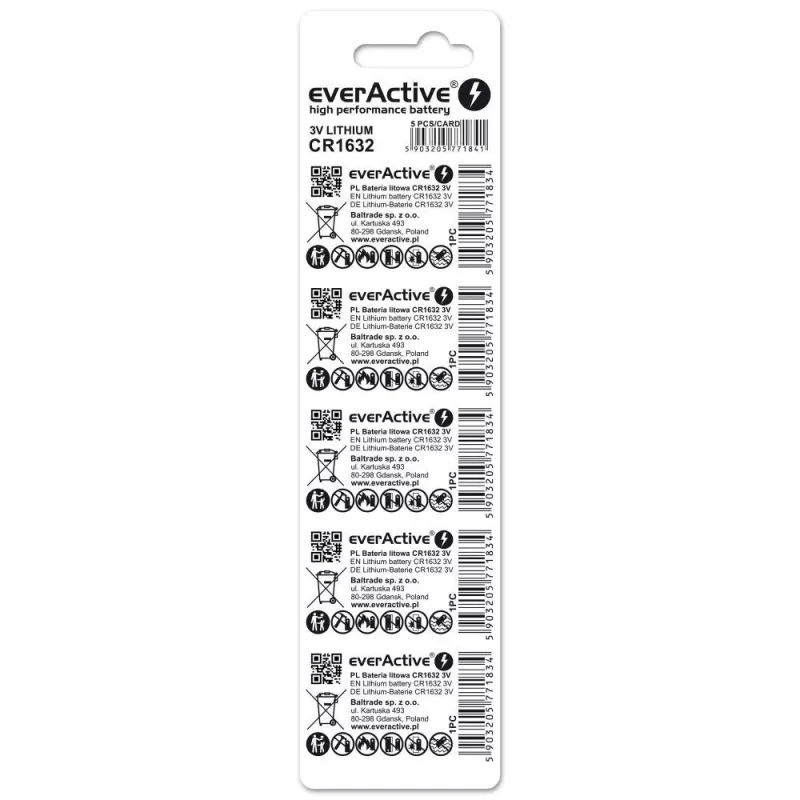 Batéria everActive CR1632 lítiová jednorazová gombíková 3 V — 5 ks, 16 mm × 3,2 mm
