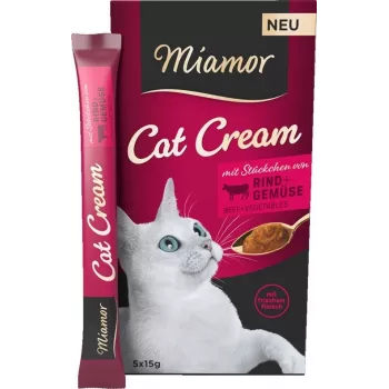 Vlhké maškrty pre mačky Miamor MIAMOR Cat Cream Beef 5×15 g – pastové tuby, 6×15 g, dospelé mačky, vlhkosť 87 %
